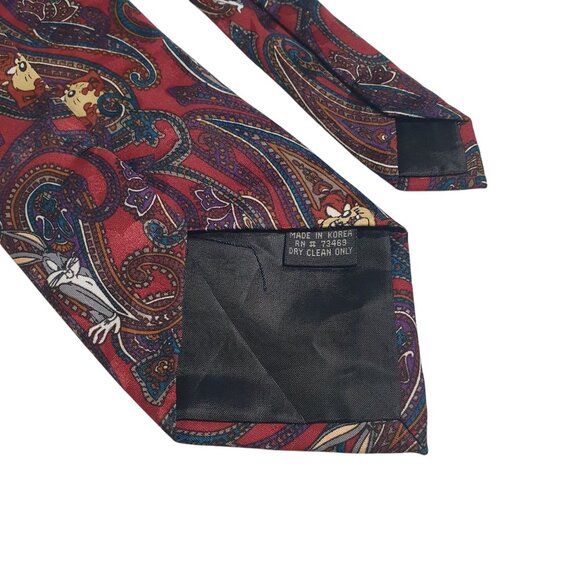 Looney Tunes Mania Bugs Bunny Tasmanian Devil Paisley Necktie Red Purple Vintage - Picture 5 of 5